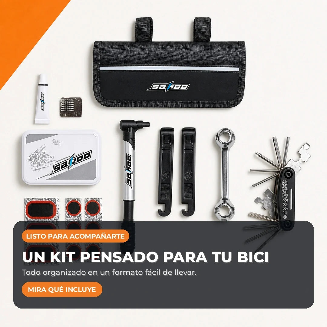 Vista completa de las piezas incluidas en el kit para bicicleta