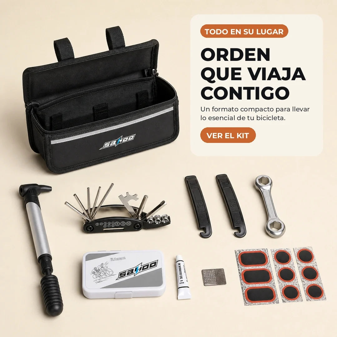 Kit de reparación de bicicleta con bolsa, minibomba, parches y herramientas