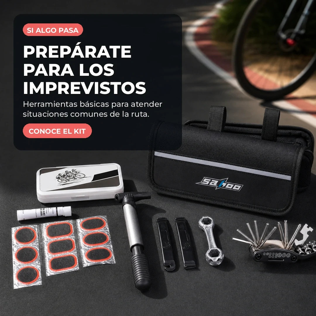 Herramientas del kit organizadas junto a su bolsa de transporte