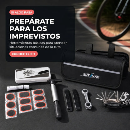 Herramientas del kit organizadas junto a su bolsa de transporte