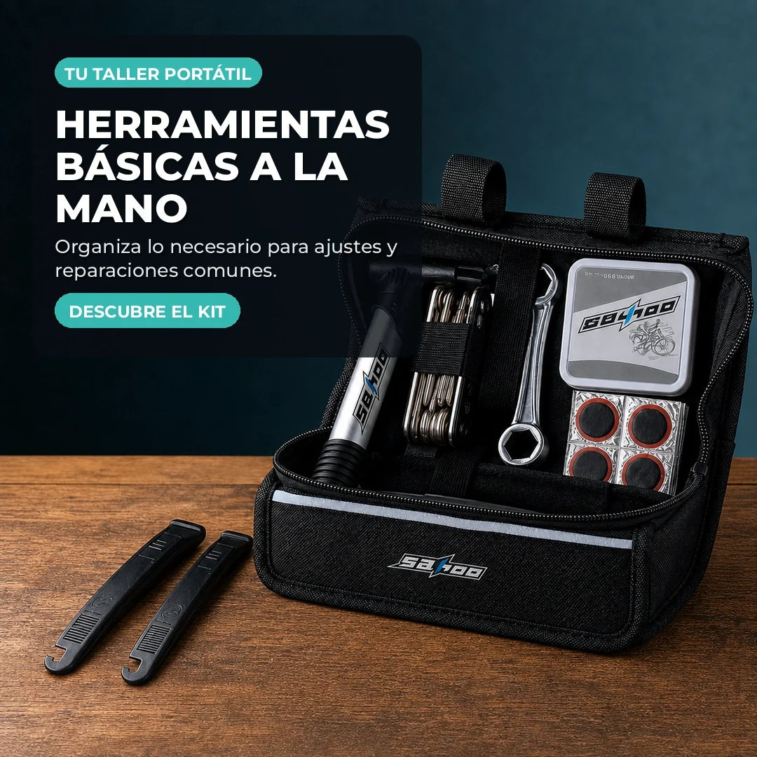 Bolsa abierta con minibomba, parches, palancas y multiherramienta