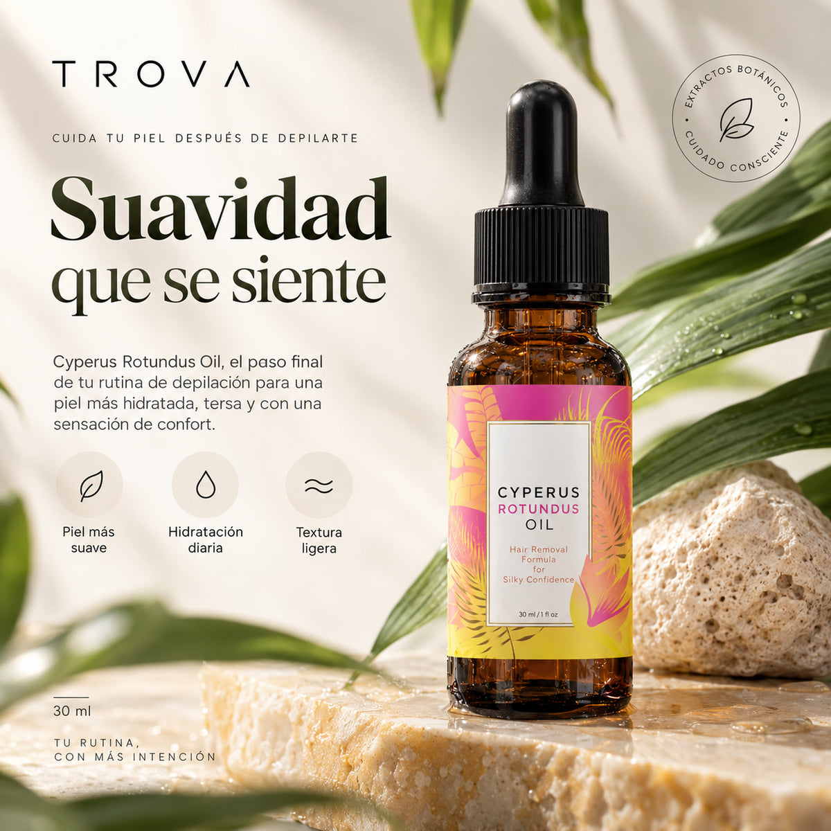 TROVA Serea™ | Aceite Cyperus Rotundus | Depílate. Cuida tu piel. Sigue suave.